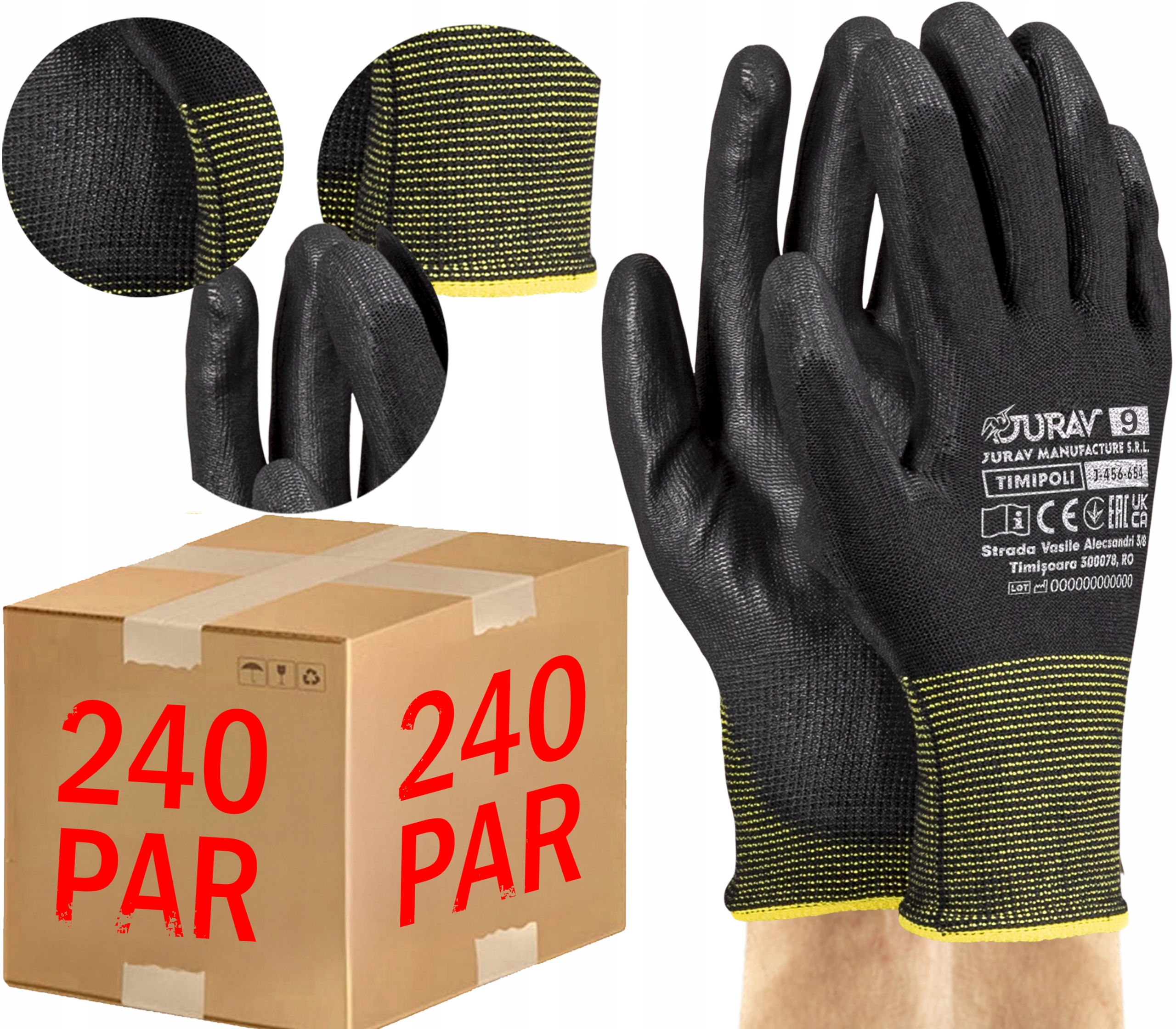 240 párů pracovních rukavic z polyuretanu, dílna potažená stahovací páskou 9-L