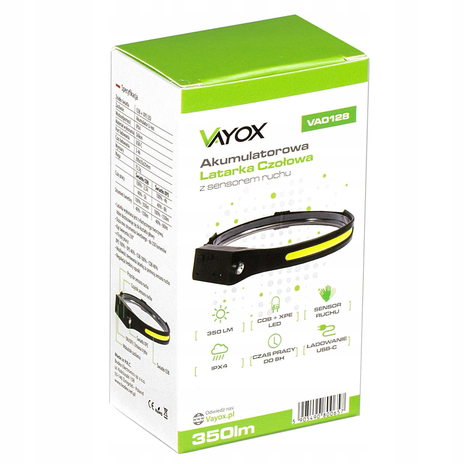 LATARKA CZOŁOWA CZOŁÓWKA PASEK LED USB-C IPX VAYOX Liczba trybów 5