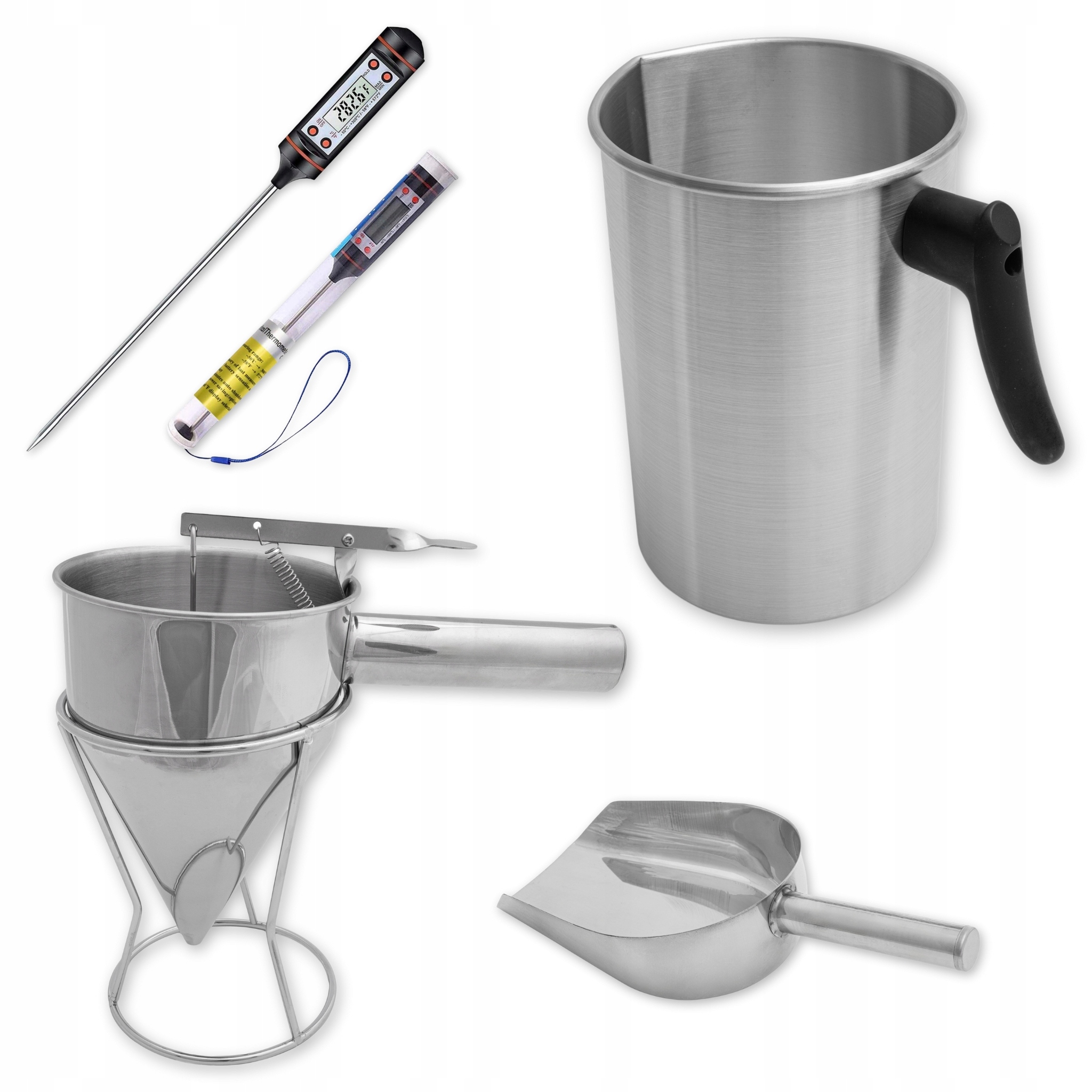 Sada příslušenství pro výrobu svíček, topeniště, trychtýř, teploměr, lopatka