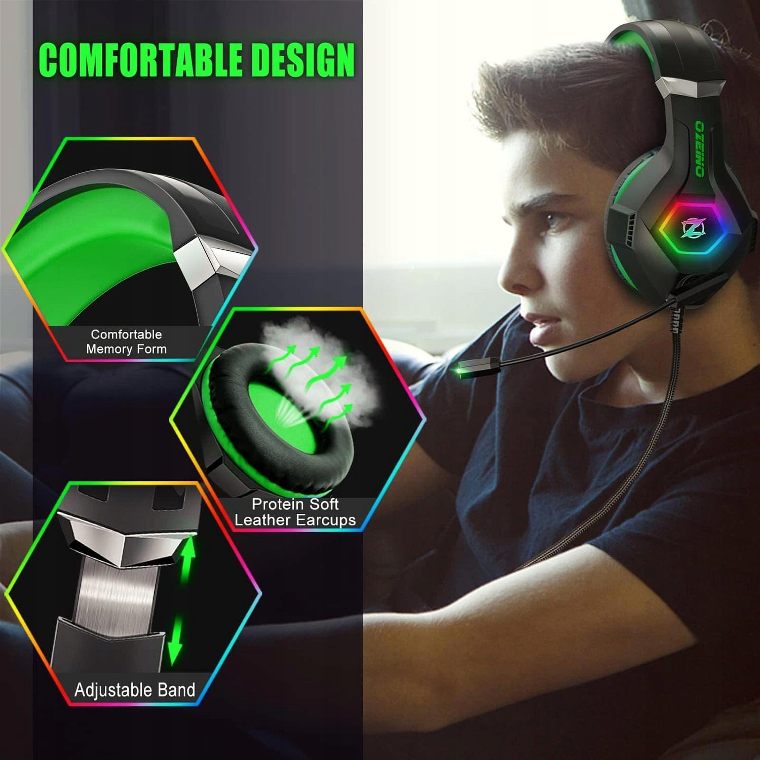 OZEINO Przewodowy Zestaw Słuchawkowy Gamingowy z Mikrofonem 3D Dźwięk RGB — miniatura 4