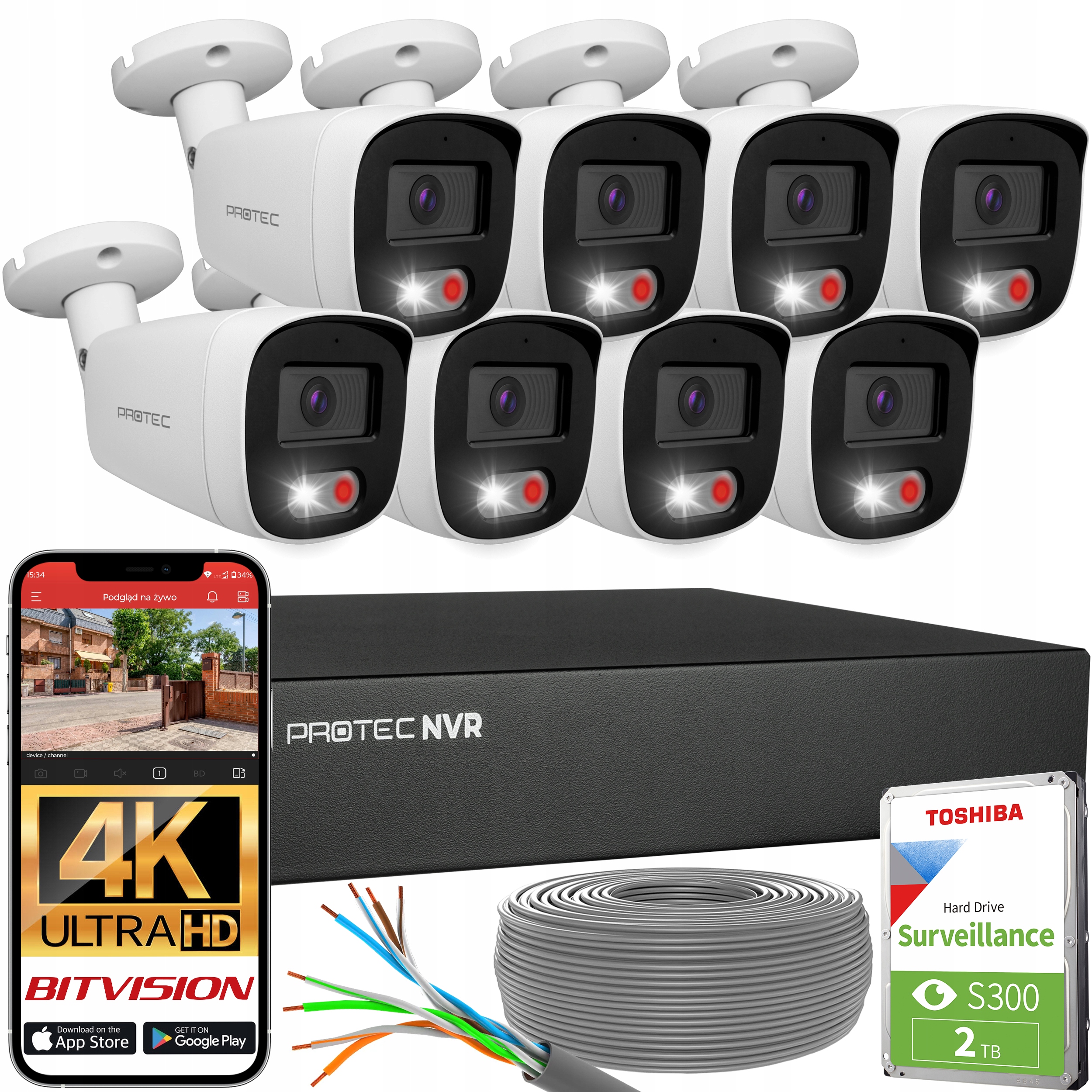 Sada pro monitorování 8 Ip kamer 8Mpx 4K PoE Mikrofon Detekce Hdd 2TB