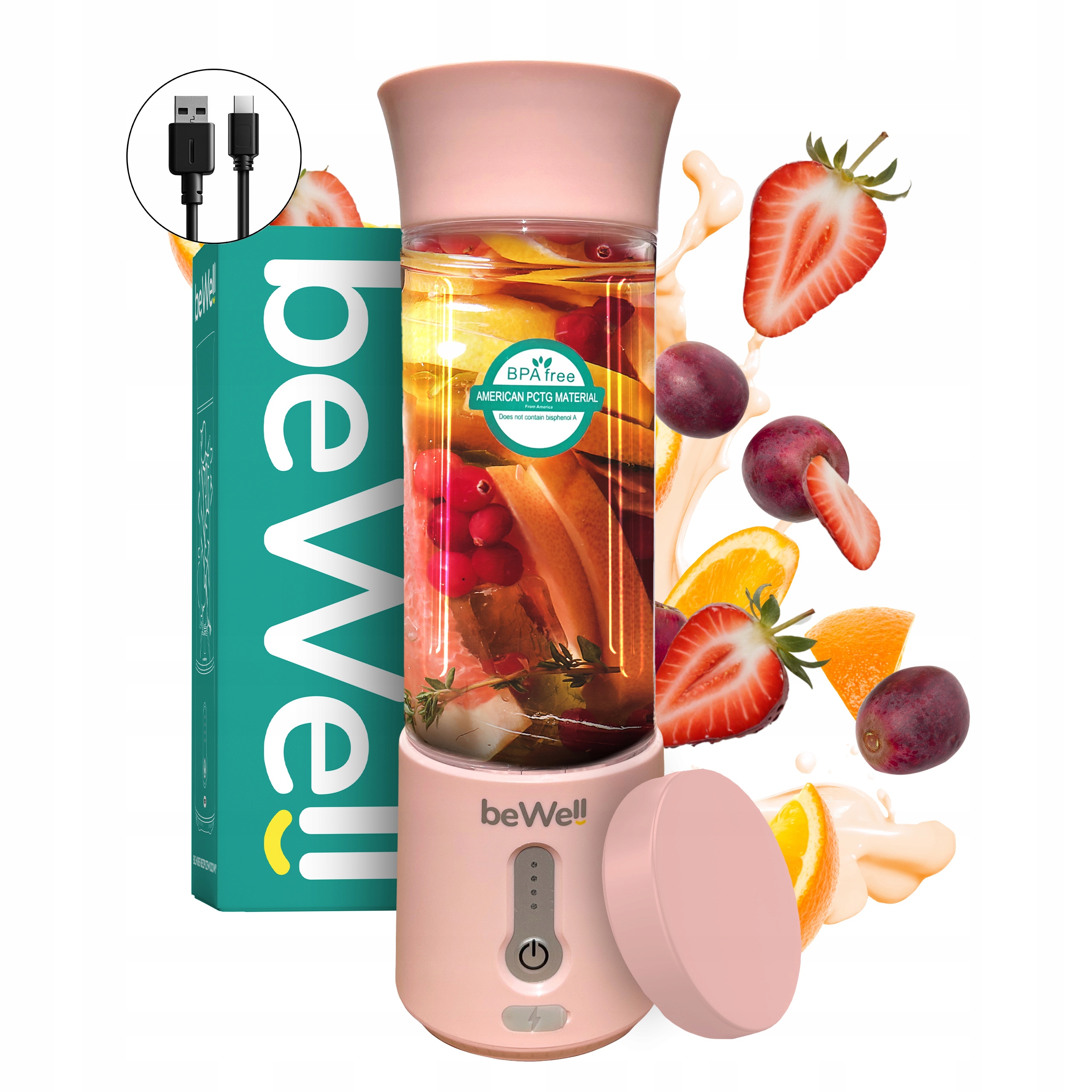 Bezdrátový Blender beWell 0,5L Na Koktejly Pudrová Růžová Melje Led Ořechy