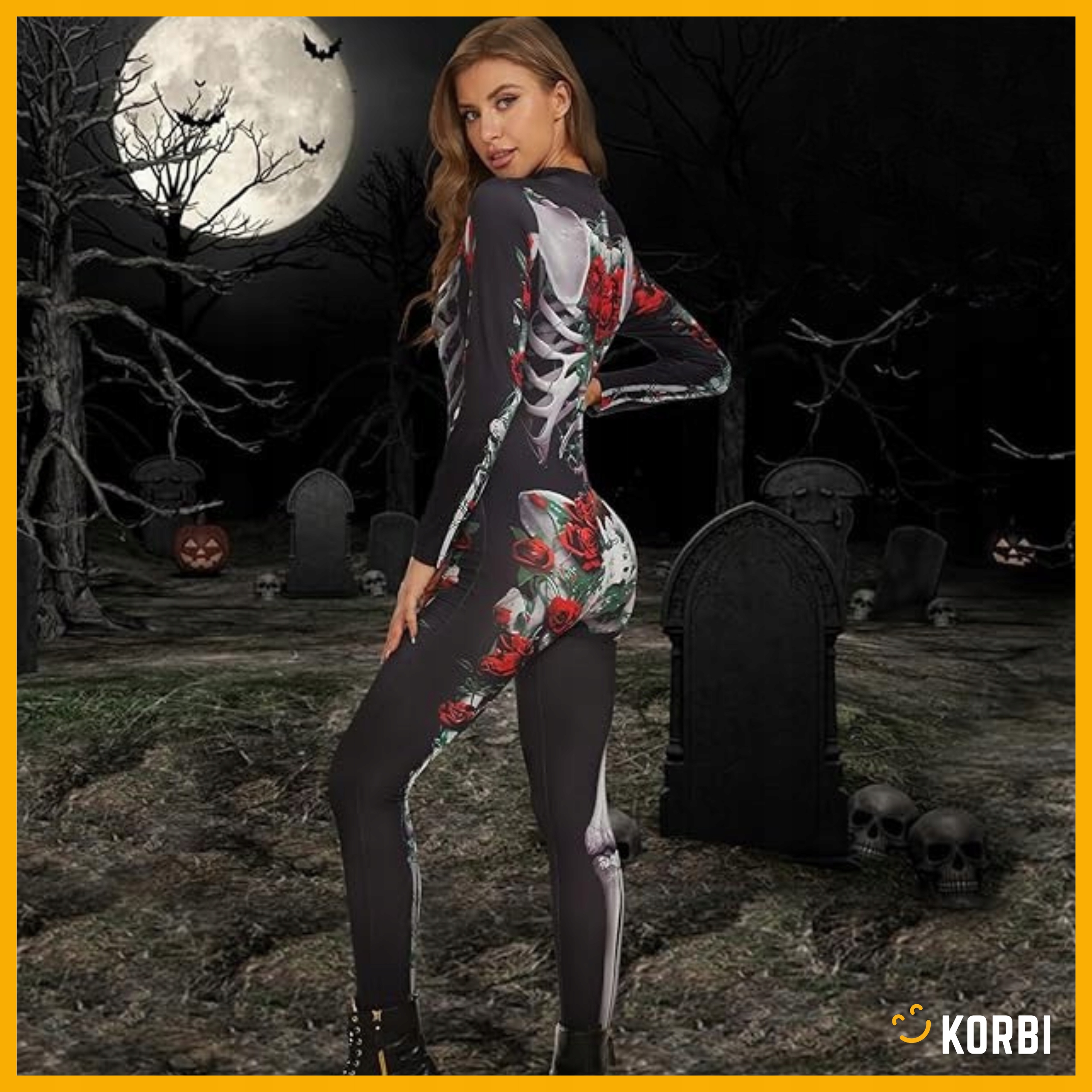 SZKIELETORKA STRÓJ KOŚCIOTRUP Z RÓŻAMI KOMBINEZON HALLOWEEN KARNAWAŁ L Postać/temat zombie