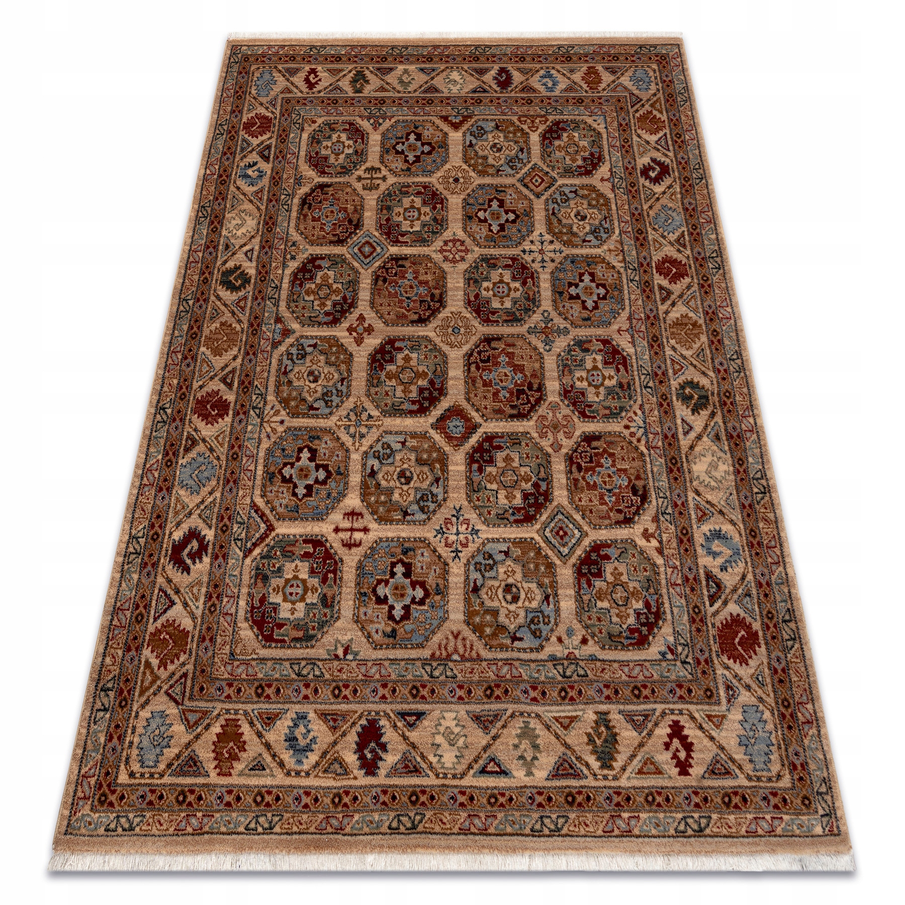 Dywan Wełniany Frędzle Ramka orientalny Vintage beż/terakota 120x145 cm