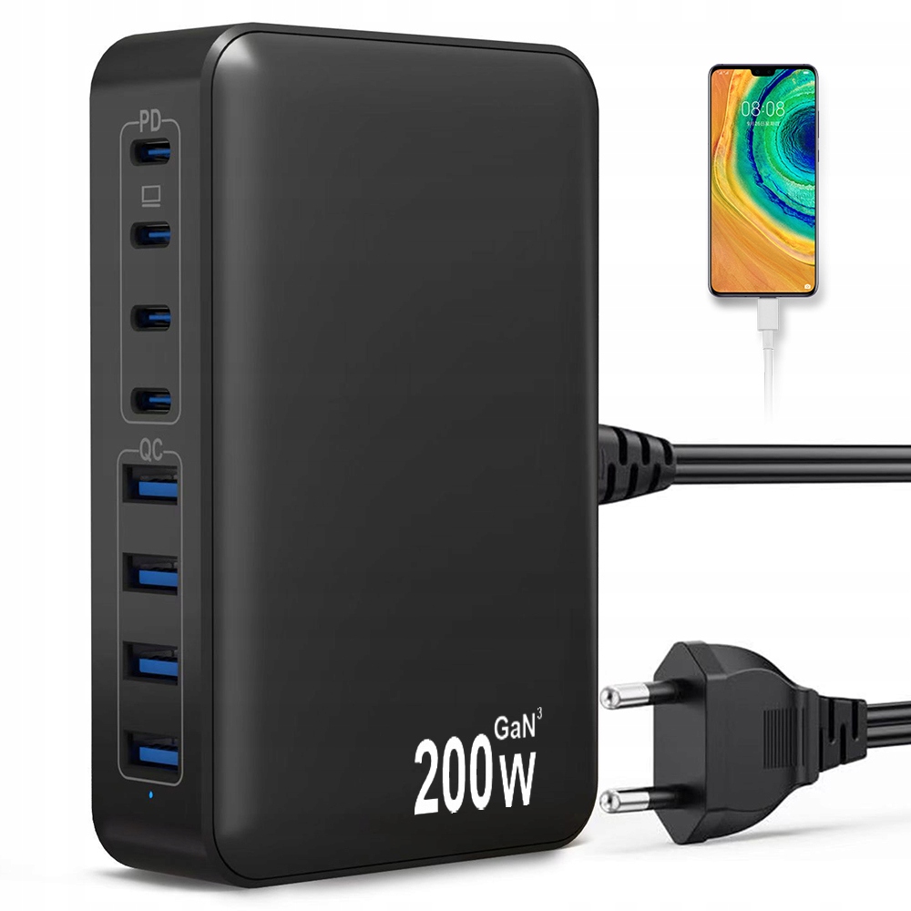 Nabíječka Gan 200W Osm Portů Usb C A Usb A Pro Notebooky Rychlé Nabíjení