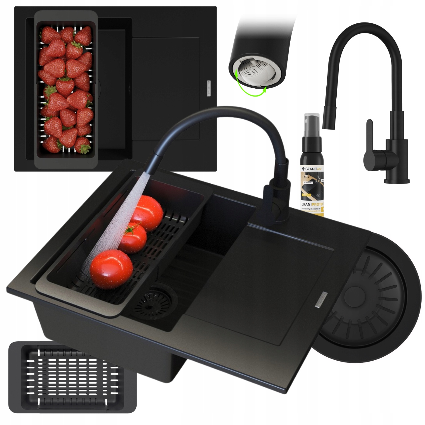 Granitový Drez čierny jednokomorový Ľavý Bello Sada umývadlová batéria