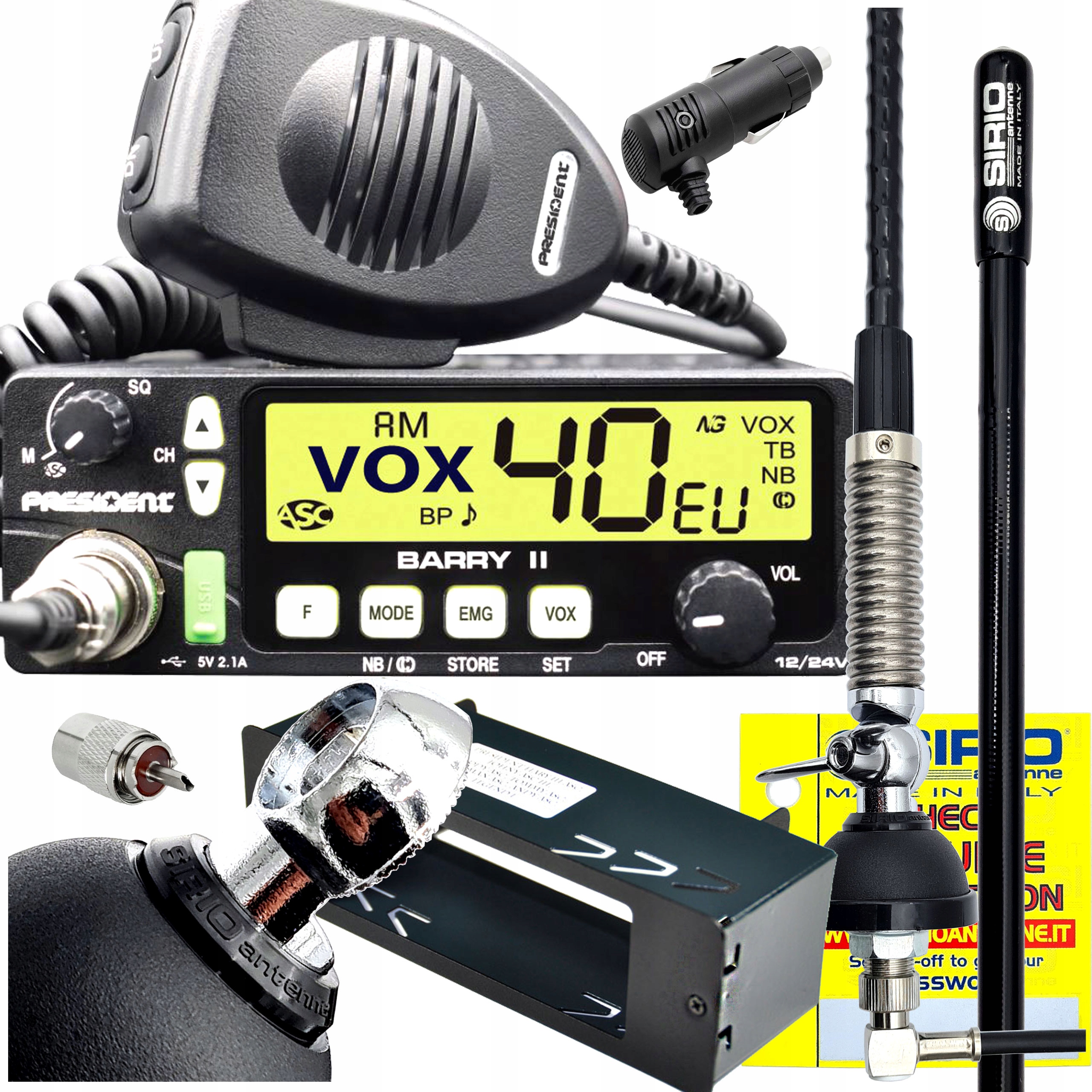 Cb sada President Barry II Asc 12/24V Vox helikální anténa Sirio 63 cm Tir