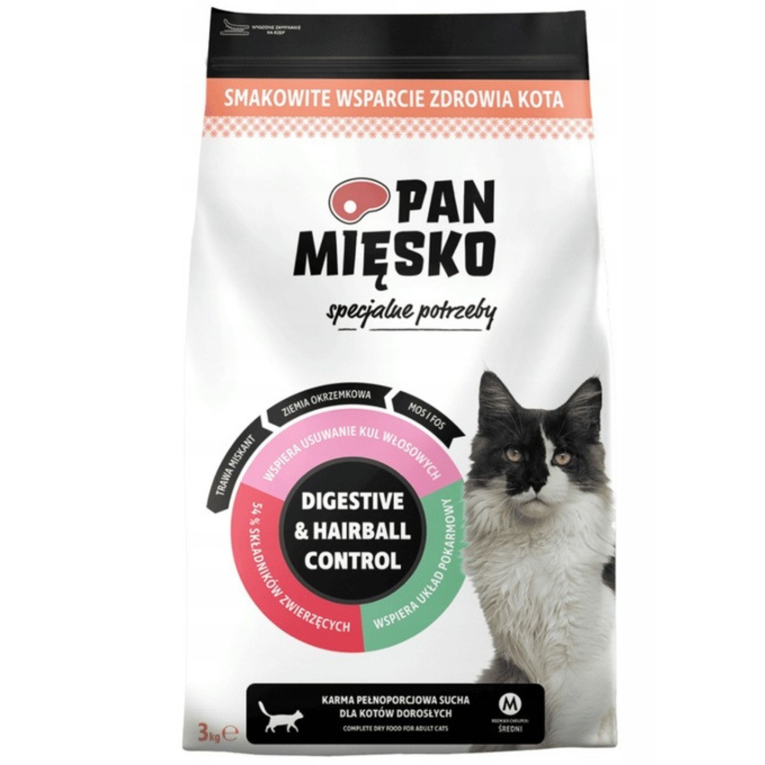 Levně Suché Krmivo Pro Kočky Pan Miesko Digestive & Hairball Control 3 kg Odkladač