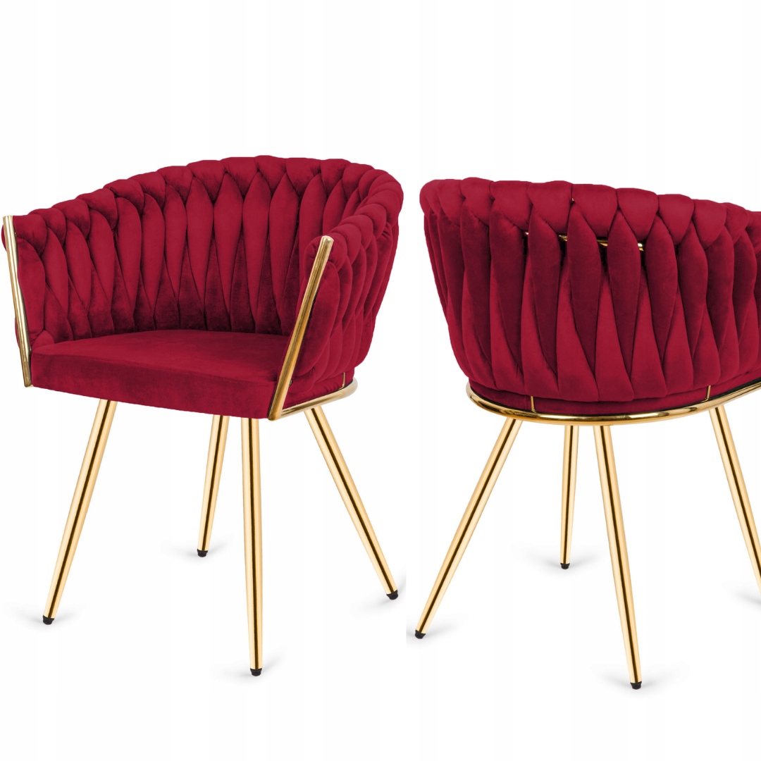 Fotel pleciony welurowy burgundowy Krzesło warkocz Glamour złote nogi