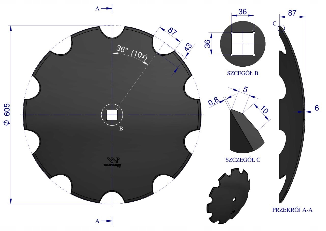 Talerz uzębiony Z-10 fi 610 otwór 35x35 grubość 6 mm stal borowa WARYŃSKI R Producent części Waryński
