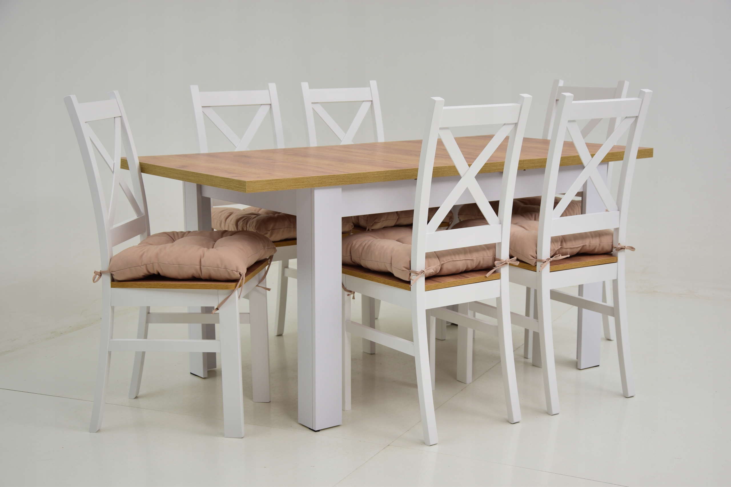 komplet do SALONU nowoczesny stół DĄB CRAFT + 6x białe krzesła z krzyżem Kolor obicia odcienie beżu