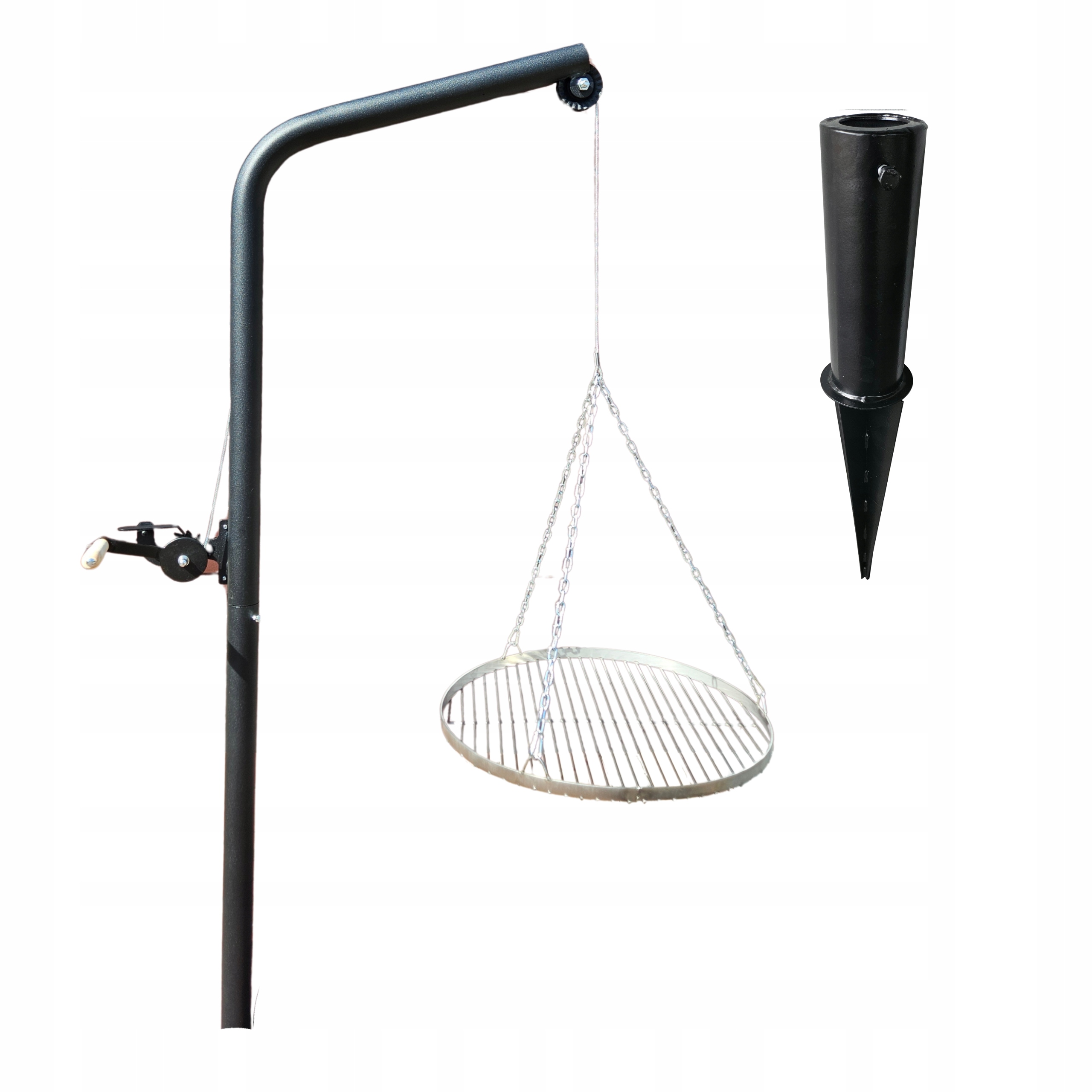 Grill ogrodowy na wysięgniku długim żuraw z ruszt nierdzewny mocowanie