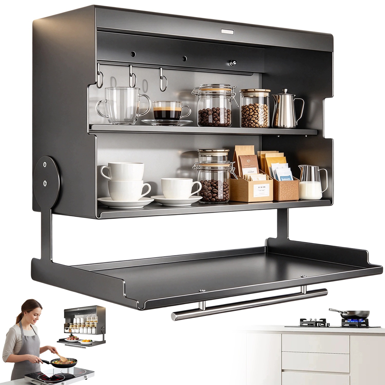 Nástěnný sklápěcí organizér 2 úrovně 40x29x40 cm Ocel Gunmetal do kuchyně