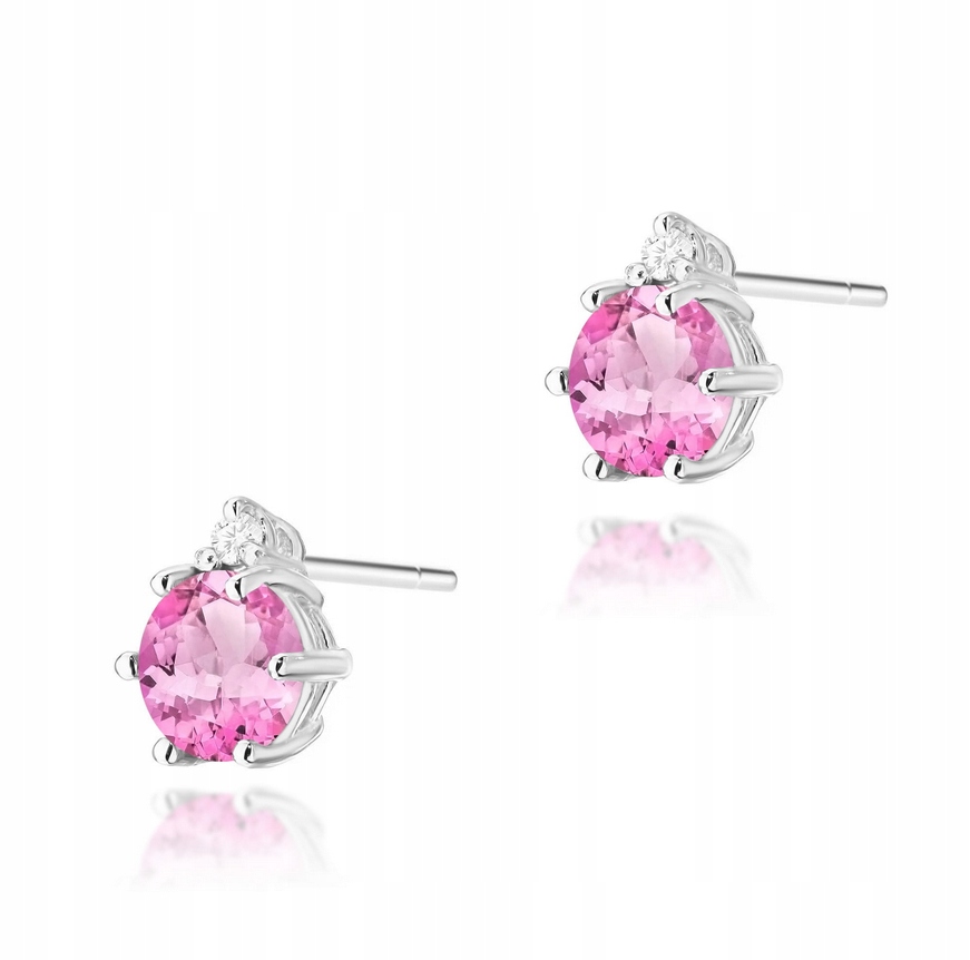 Złote Kolczyki 585 Dla Dziewczyny Kobiety Różowy Topaz Diamenty Białe Złoto