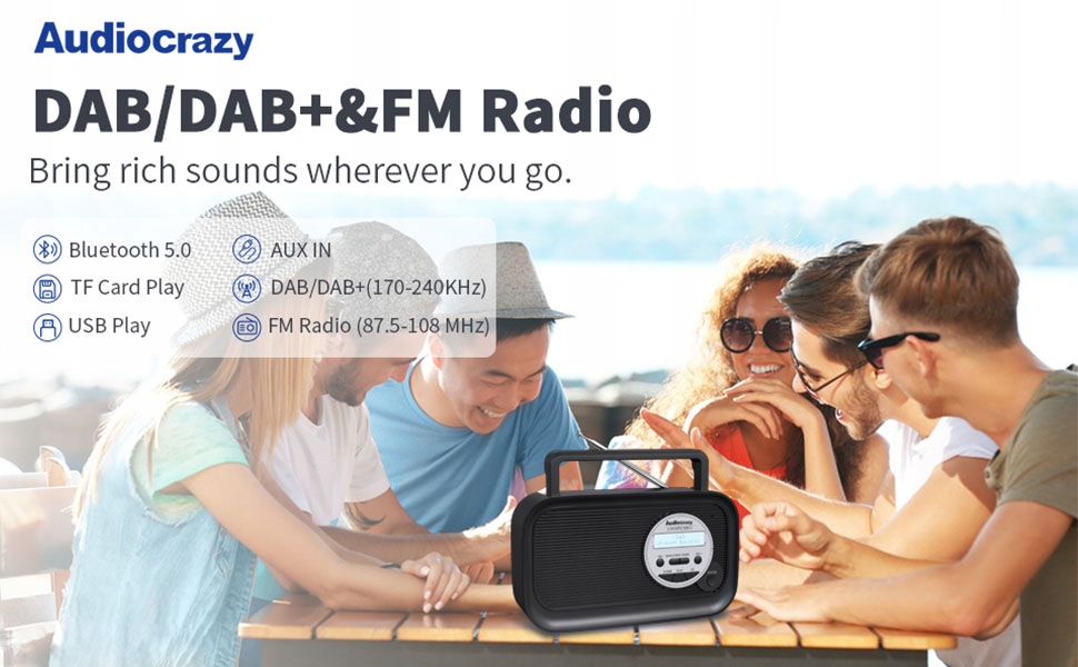 Radio Audiocrazy DAB/DAB Plus/FM // Bluetooth , USB , karty SD, AUX Kolor czarny
