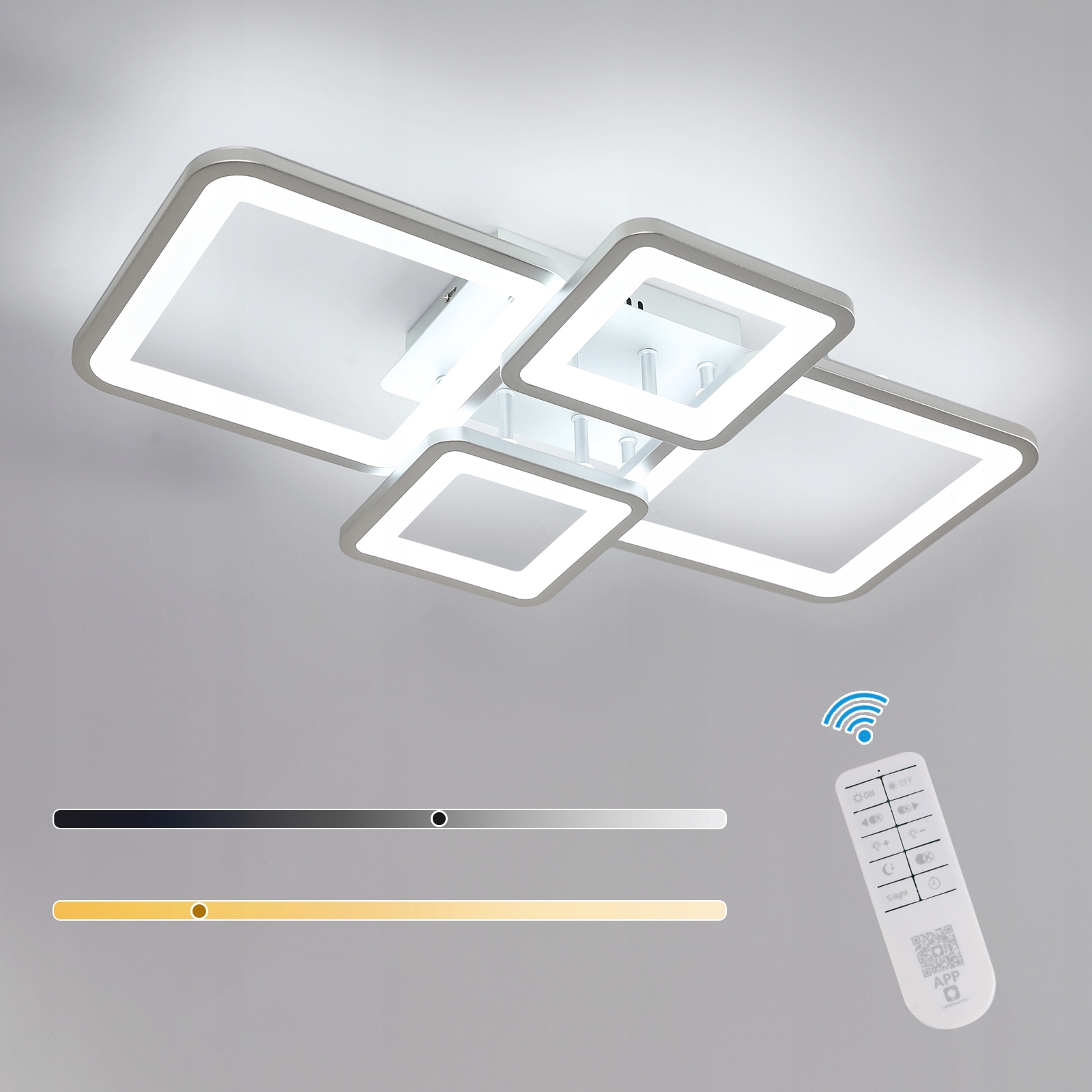 Lampa Sufitowa Led Zyrandol Kwadrat Srebro Z Pilotem Nowoczesna Salonu 54W