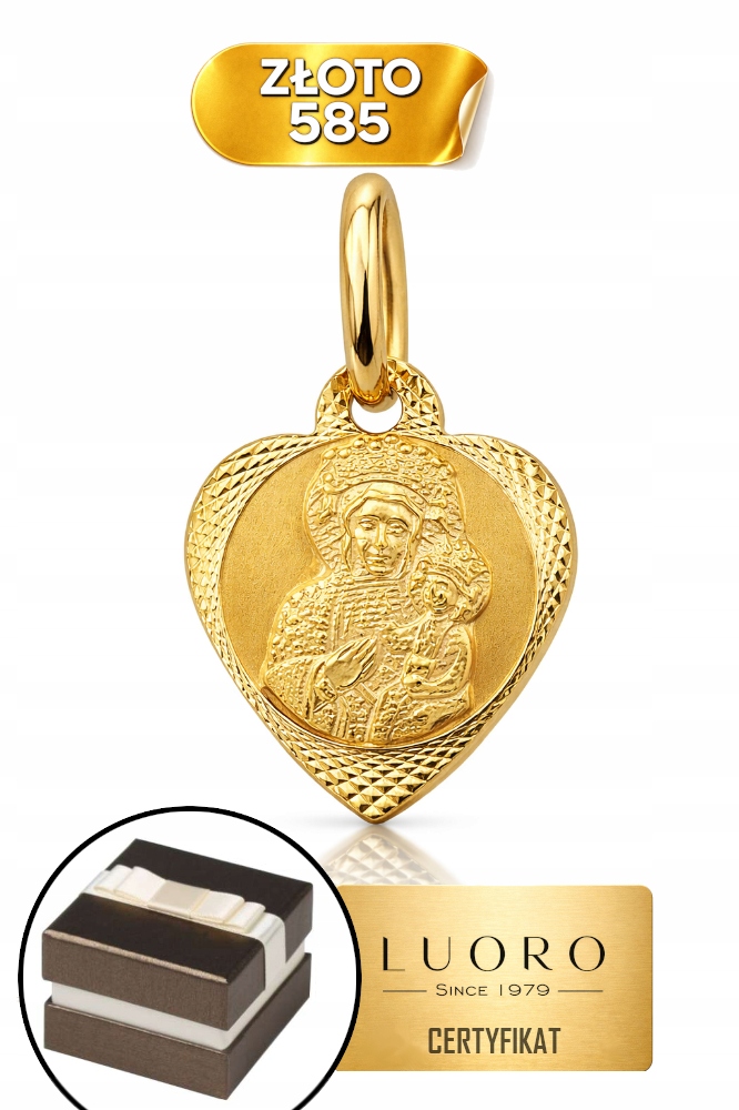 Zlatý medailonek 585 14K Panna Maria Čenstochovská, srdce diamantové 16 mm