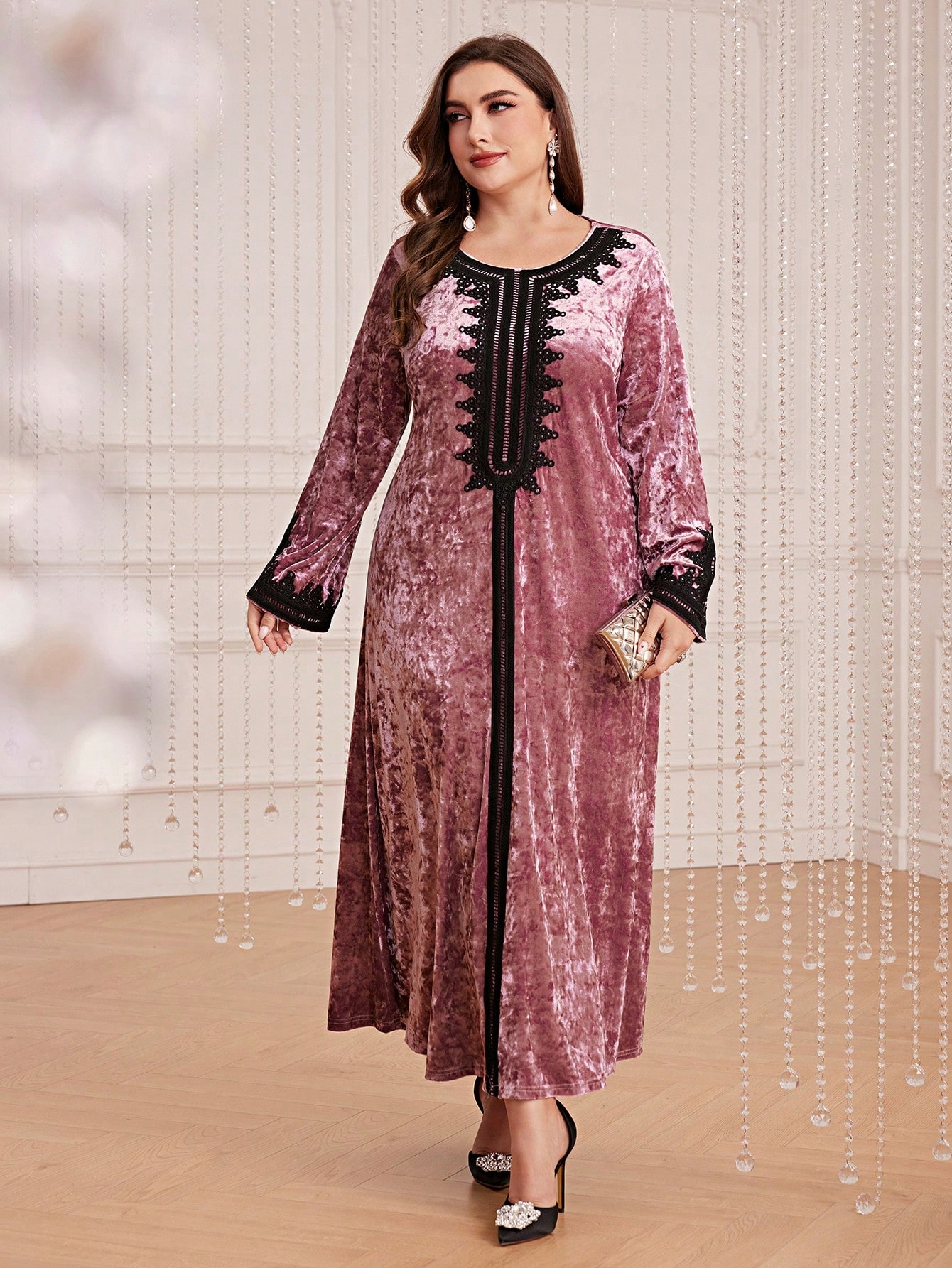 Šaty Maxi Velurová Sametová V Arabském Stylu Růžová Shein XL 42