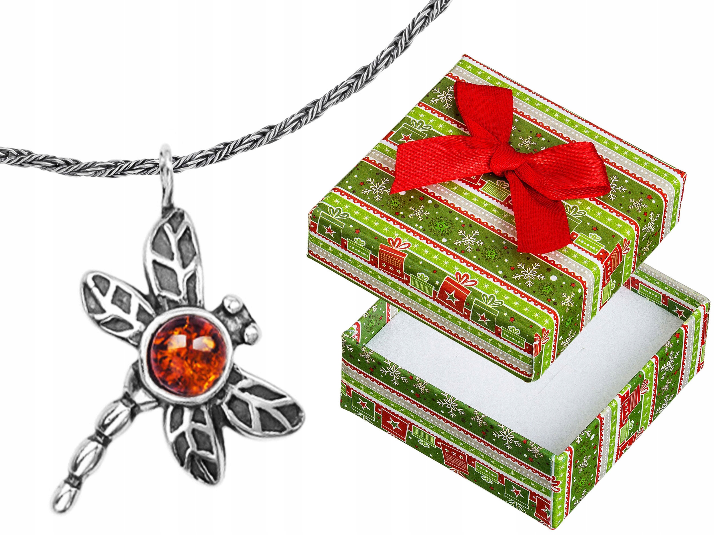 Dlouhý stříbrný dámský oxidovaný náhrdelník Vážka s jantarem Stříbro 75 cm