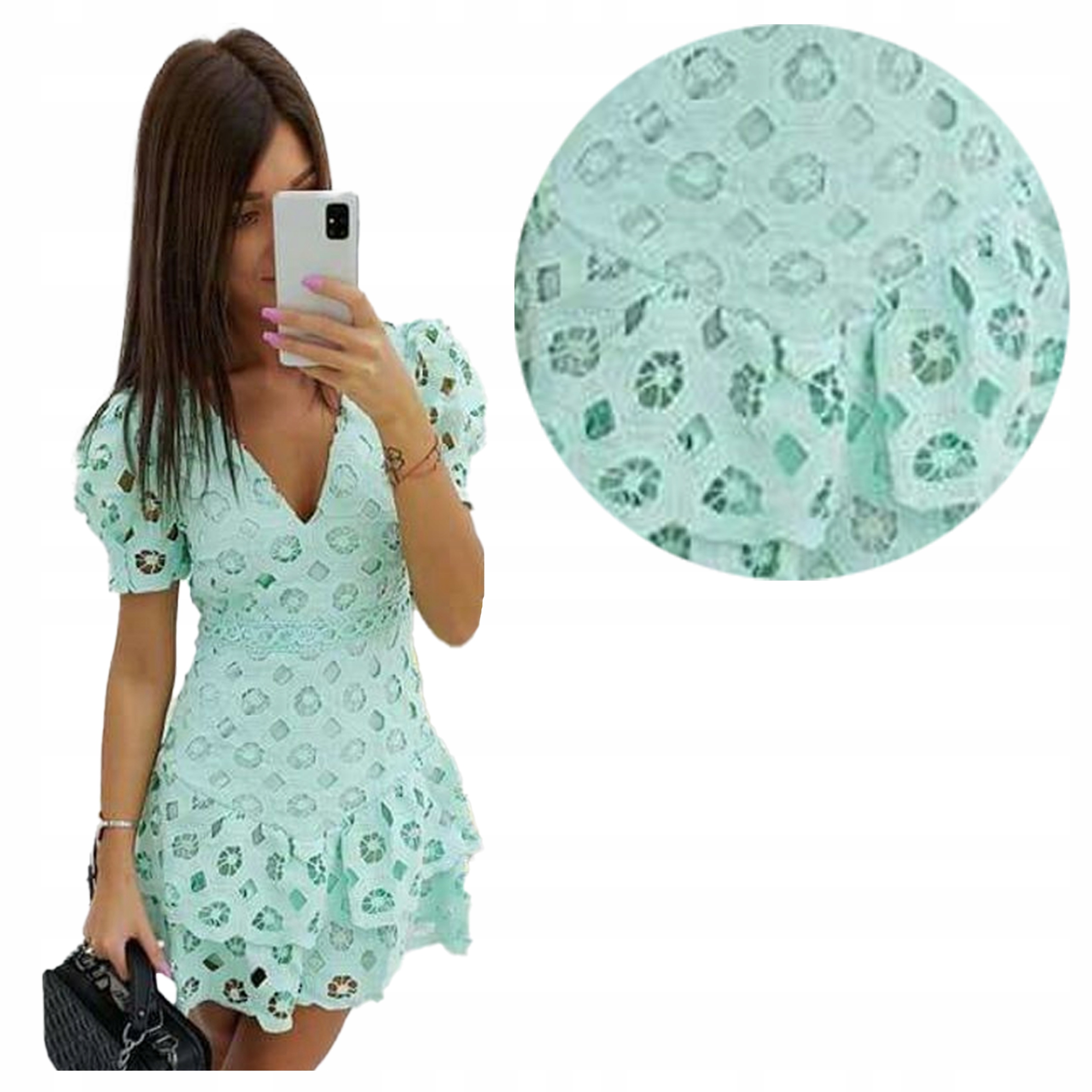 Romantická Šaty z Gipury s krátkými bufiastými rukávy, mátová, velikost M