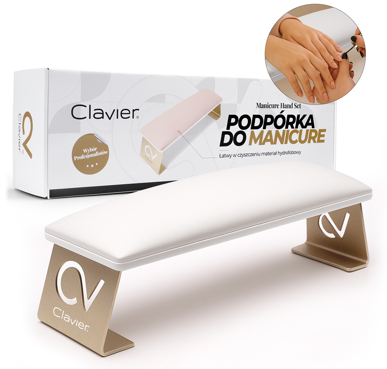 Clavier Podpórka poduszka pod dłonie ręce manicure prostokątna Biało-złota