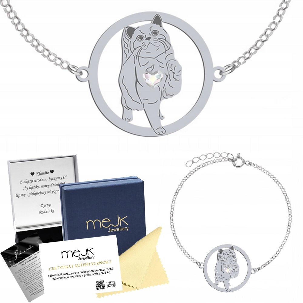 Stříbrný náramek s British Shorthair Cat 925 Šperky Dárek Gravírování
