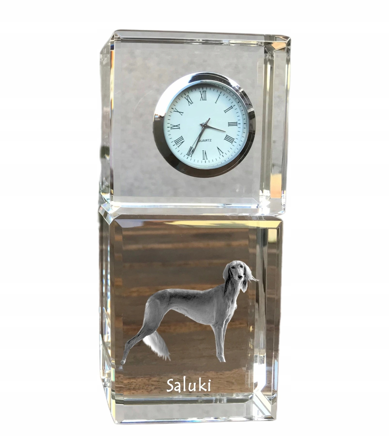 Perzský chrt, krištáľové stolové hodiny Saluki so psom, s vašou fotografiou
