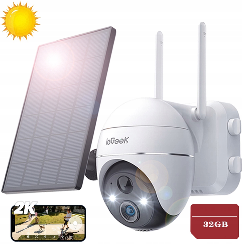 Venkovní Otočná Bezdrátová Solární Kamera Wifi Ip 3MPx 4x Zoom 32GB