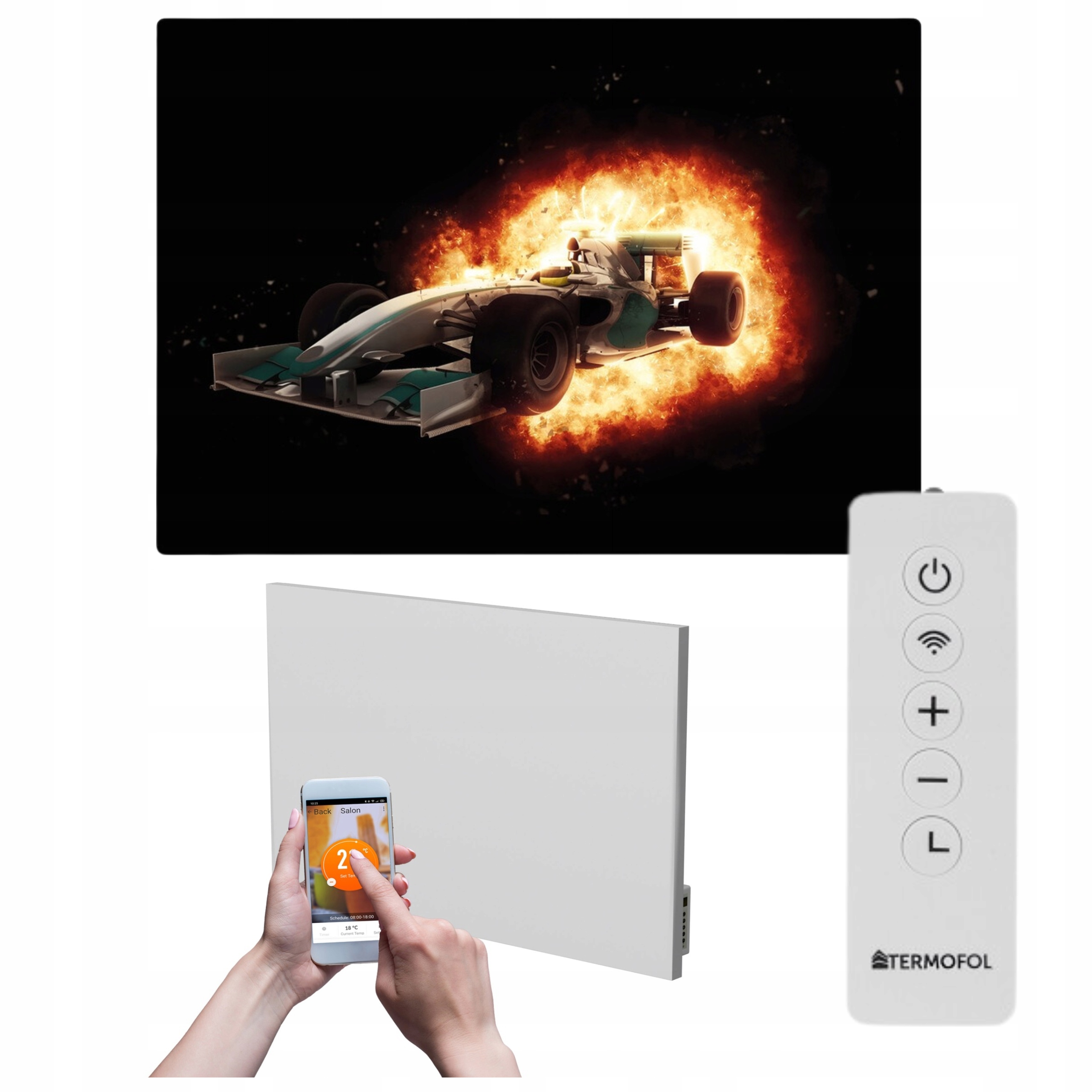 Infračervený ohrievač obraz formula 1 oheň 500 W 85x60 cm WiFi