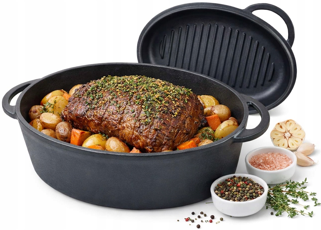 Robustní Pekáč Litinový 2V1 Velké Víko Gril Indukce Plyn Hrnec 34 cm