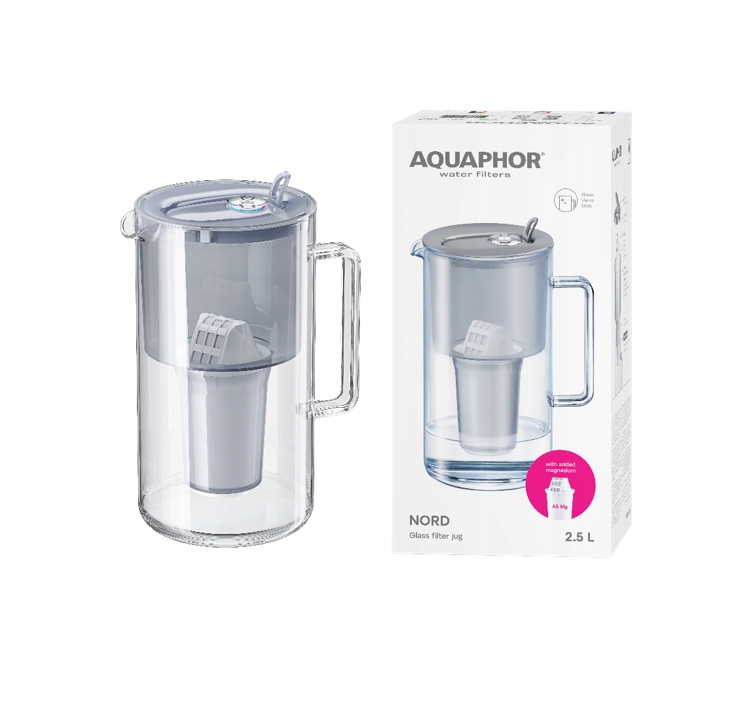 Dzbanek filtrujący szklany Aquaphor Nord 2,5l z wkładem A5 Mg (350l), szary