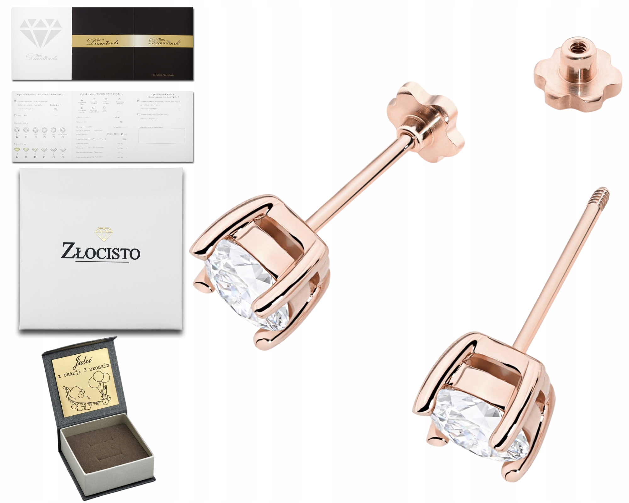 Růžové Zlato Náušnice Laboratorní Brilianty 2,00 Ct Šroubovací Tyčinka