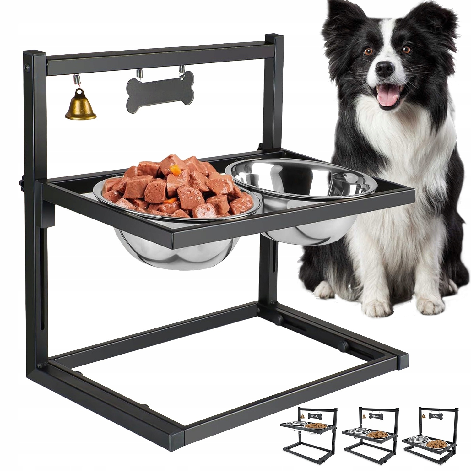 Levně Regulovatelné Misky Pro Psa 2 Ks 1.15 L Nerezová Ocel Stojan Na Zvonek Vyjímatelný