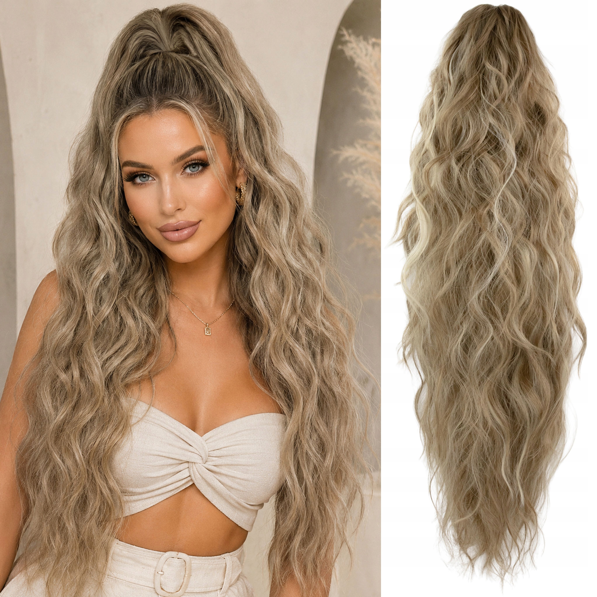 Připínací tepelný culík na sponě, umělé vlasy, 65 cm, blond pramínky