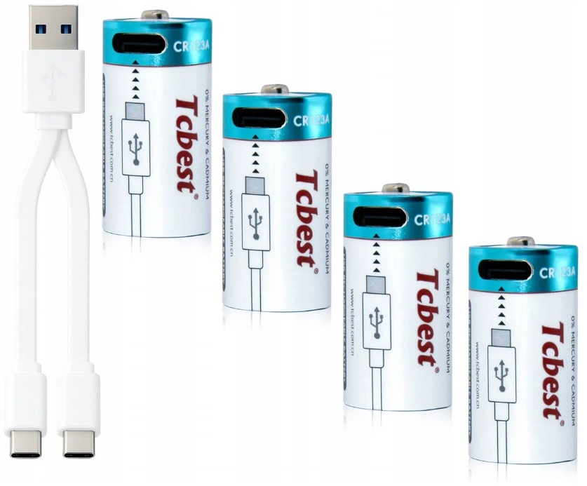 4x Bateria CR123A Akumulator Port Ładowania Usb-c Tcbest 500mAh +kabel