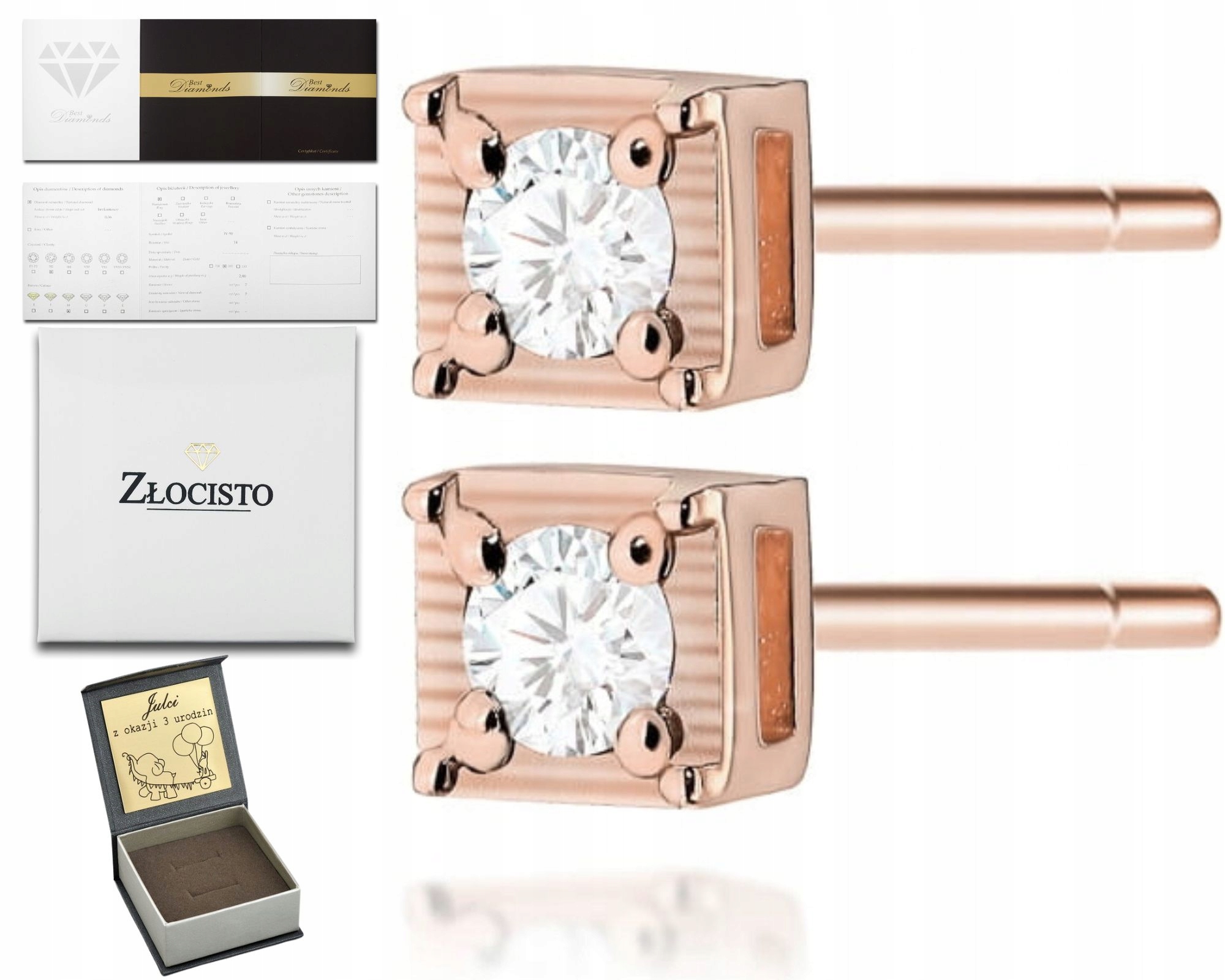 Růžové Náušnice 585 Brilianty Diamanty Jemné Čtvercové Šroubky