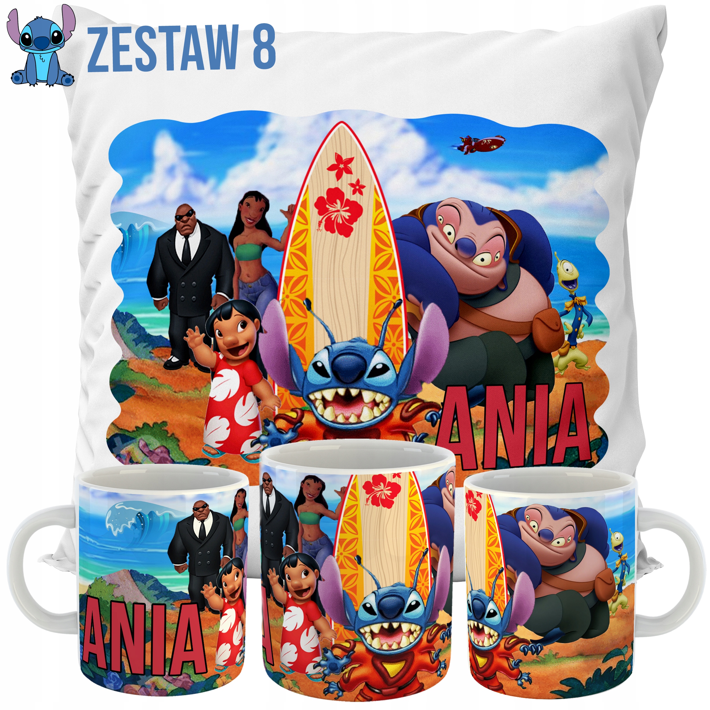 ZESTAW PODUSZKA + KUBEK LILO I STITCH IMIĘ PREZENT WZORY Płeć chłopcy dziewczynki unisex