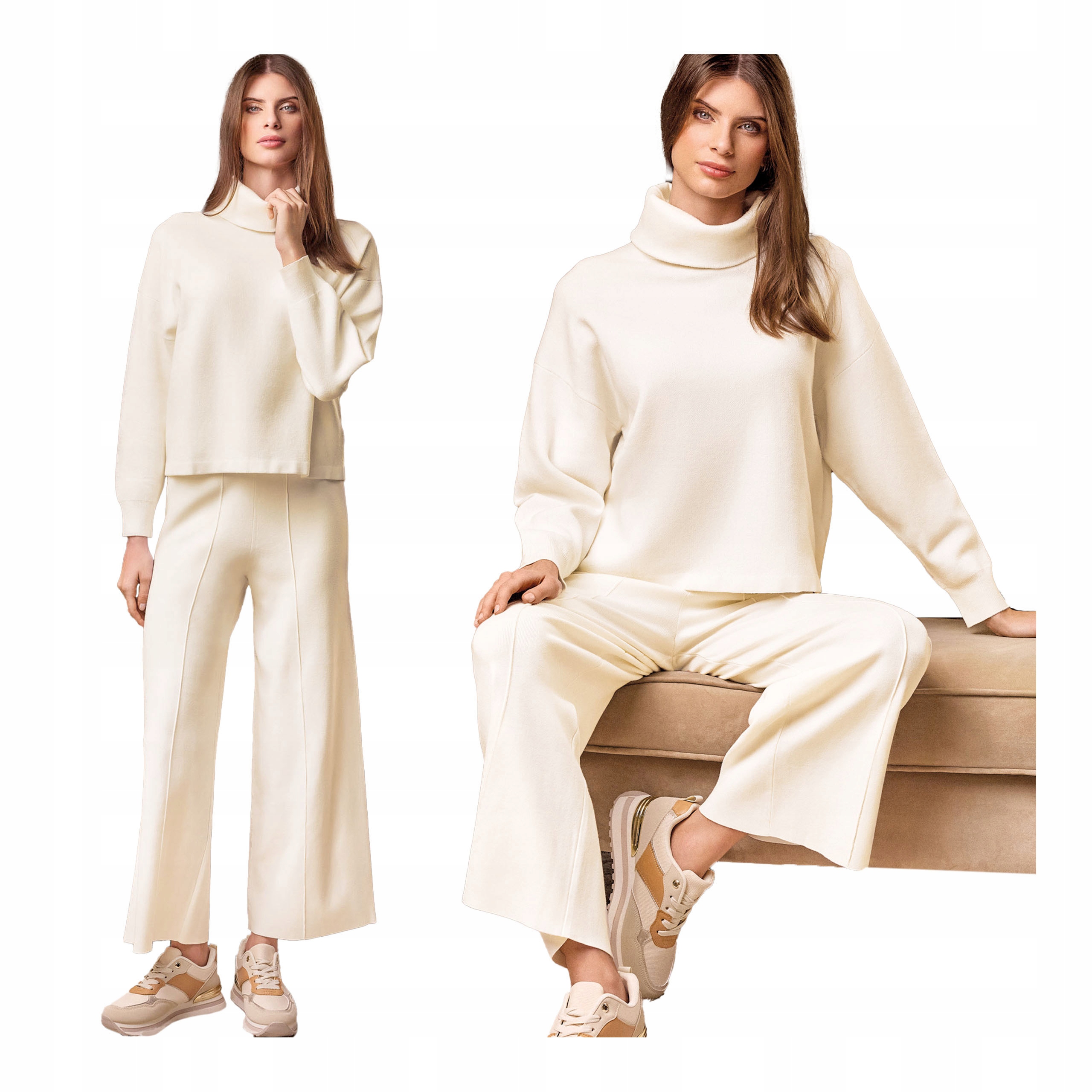 Tepláková souprava z pletené krémové viskózy, teplá, volná, Lormar, S/m