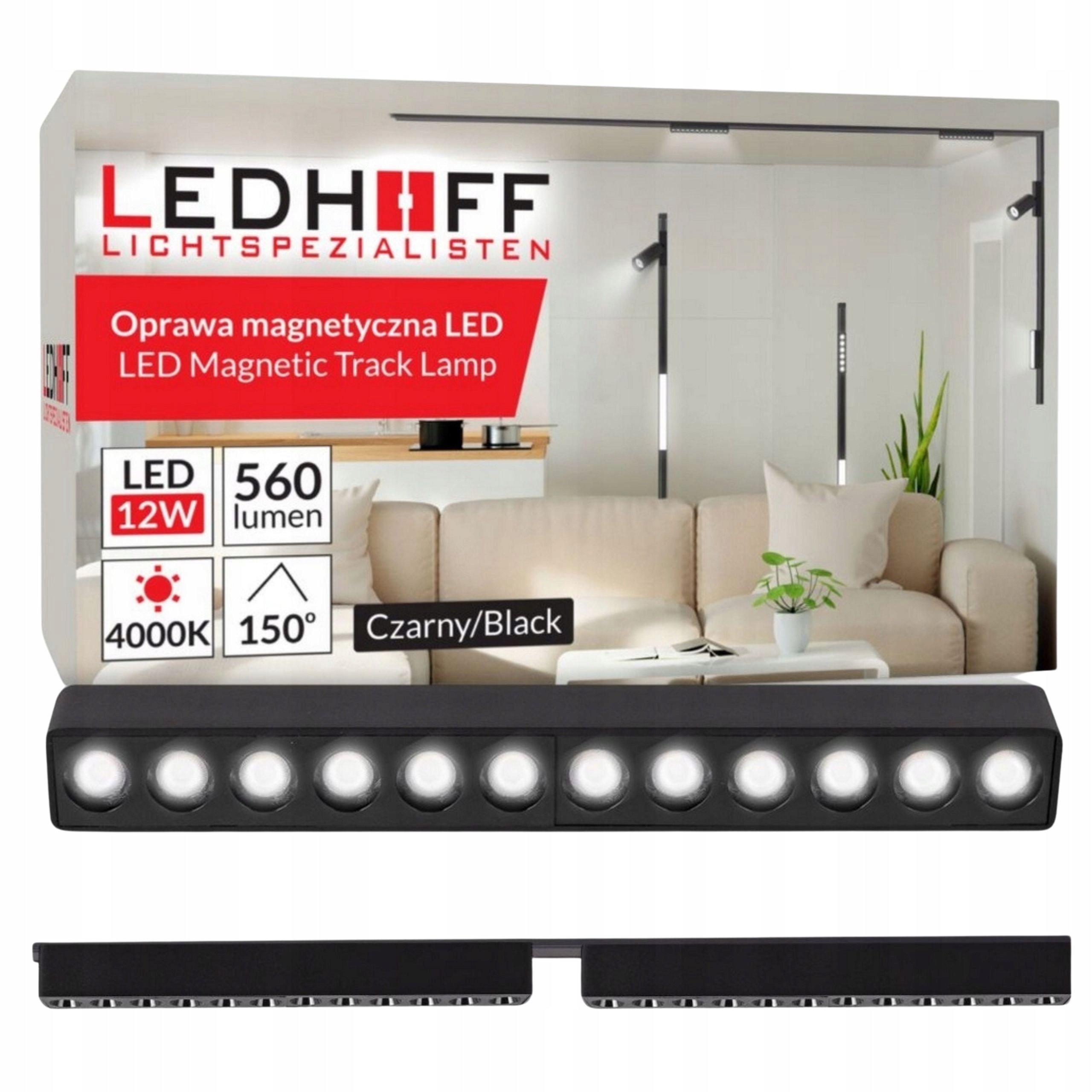 Magnetické kolejnicové osvětlení Kolejnice 1m 2x Led lampa 12W Černá