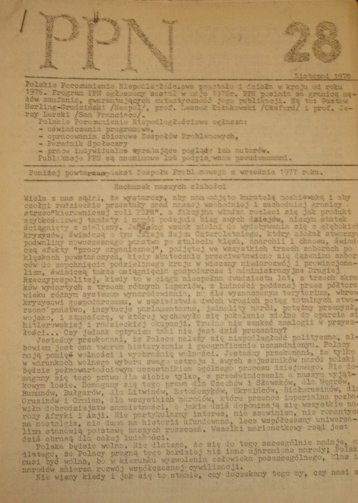 PPN POLSKIE POROZUMNIENIE NIEPODLEGŁOŚCIOWE nr 28, XI 1978