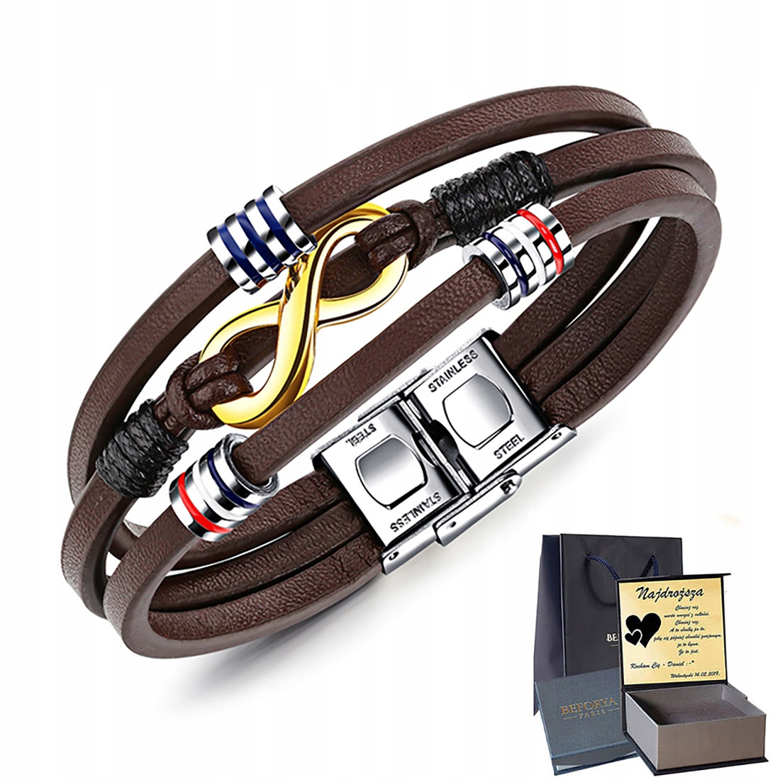 

Infinity Męska Skórzana Bransoletka Stal Grawer