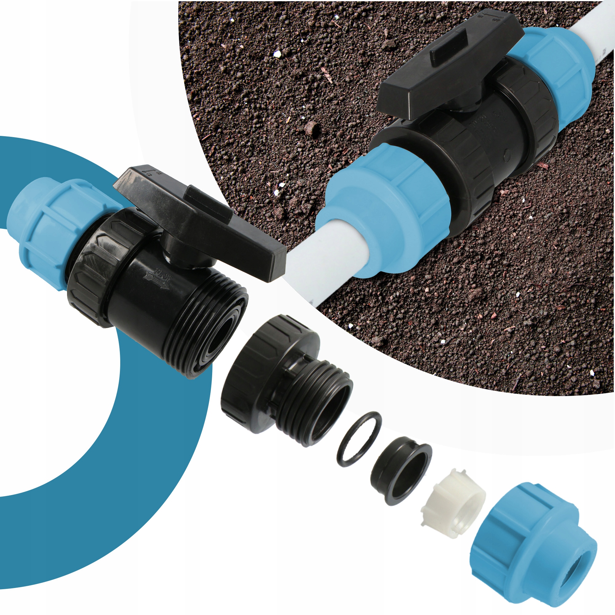 ZAWÓR KULOWY PE 25 MM SKRĘCANY ZŁĄCZKA PN16 KSZTAŁTKA RUR WĘŻA WODY ŁĄCZNIK Materiał wykonania PE