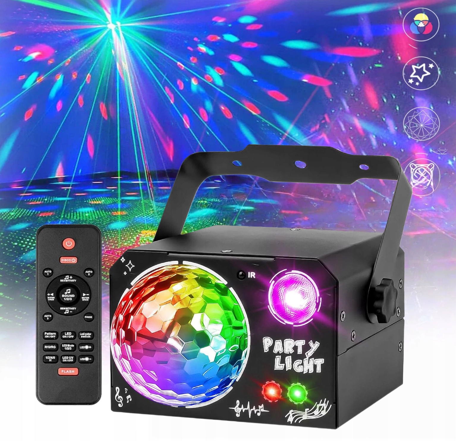 DISCO DJ PARTY PROJEKTOR OŚWIETLENIE SCENICZNE LED RGB + UV 4W1