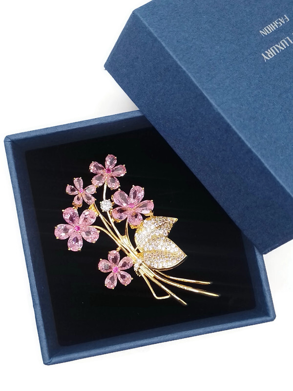 Luxusní Brož Květiny Kytice Růžová Zlatá 14K Gp Krabička Jako Dárek