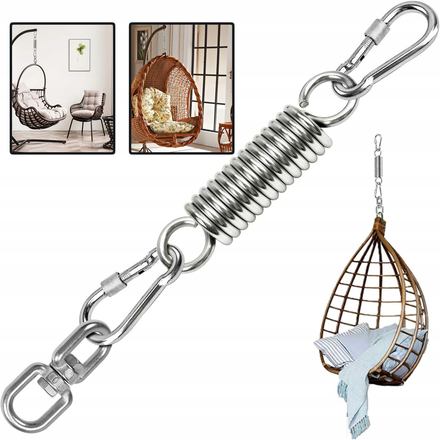 ZESTAW ZAWIESZENIA SPRĘŻYNOWEGO Z OBROTOWYMI HACZYKAMI DO HUŚTAWKI, HAMAK