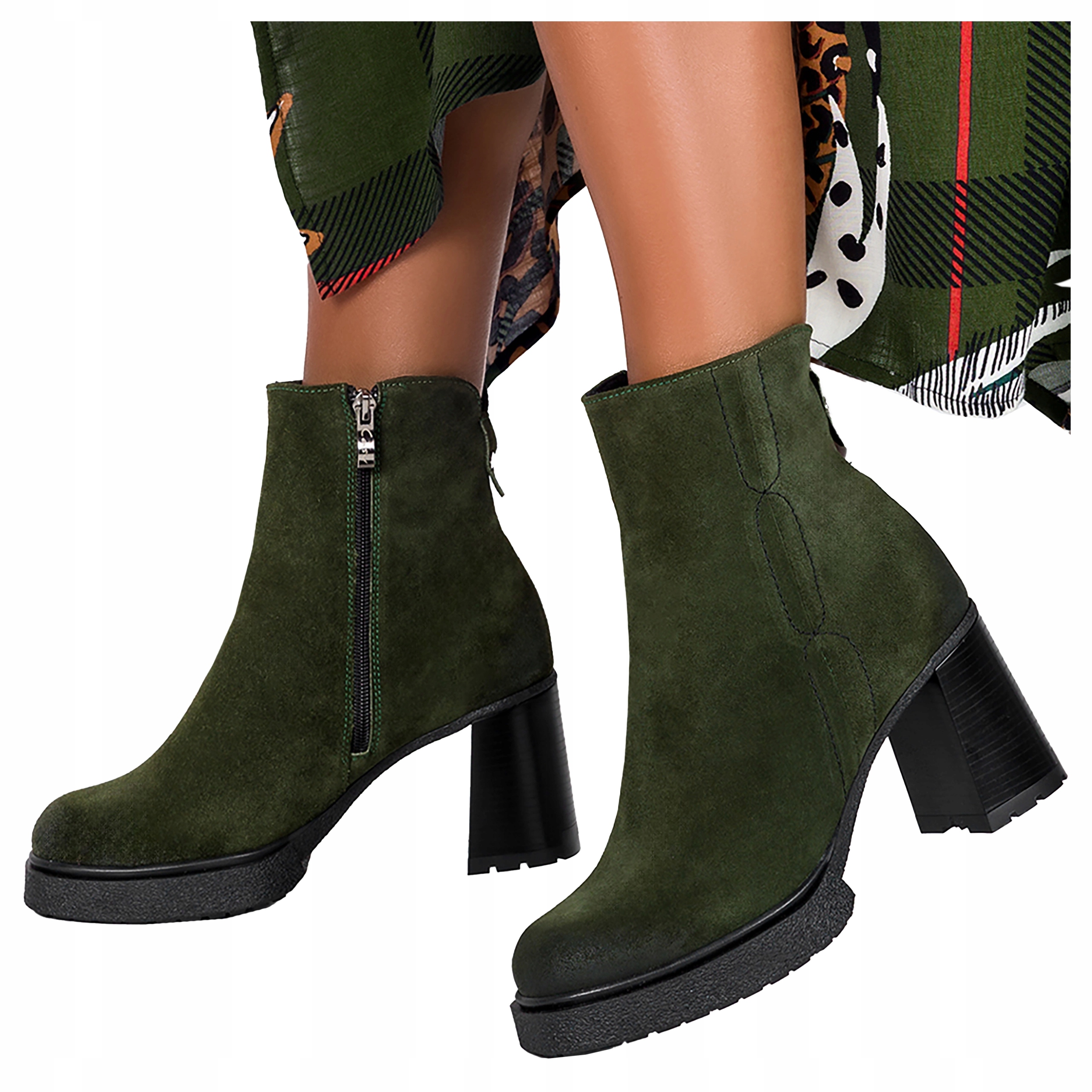 Kotníkové Boty Kožené Zelené Dámské Na Podpatku Klocku Polský Výrobek Módní velikost 36