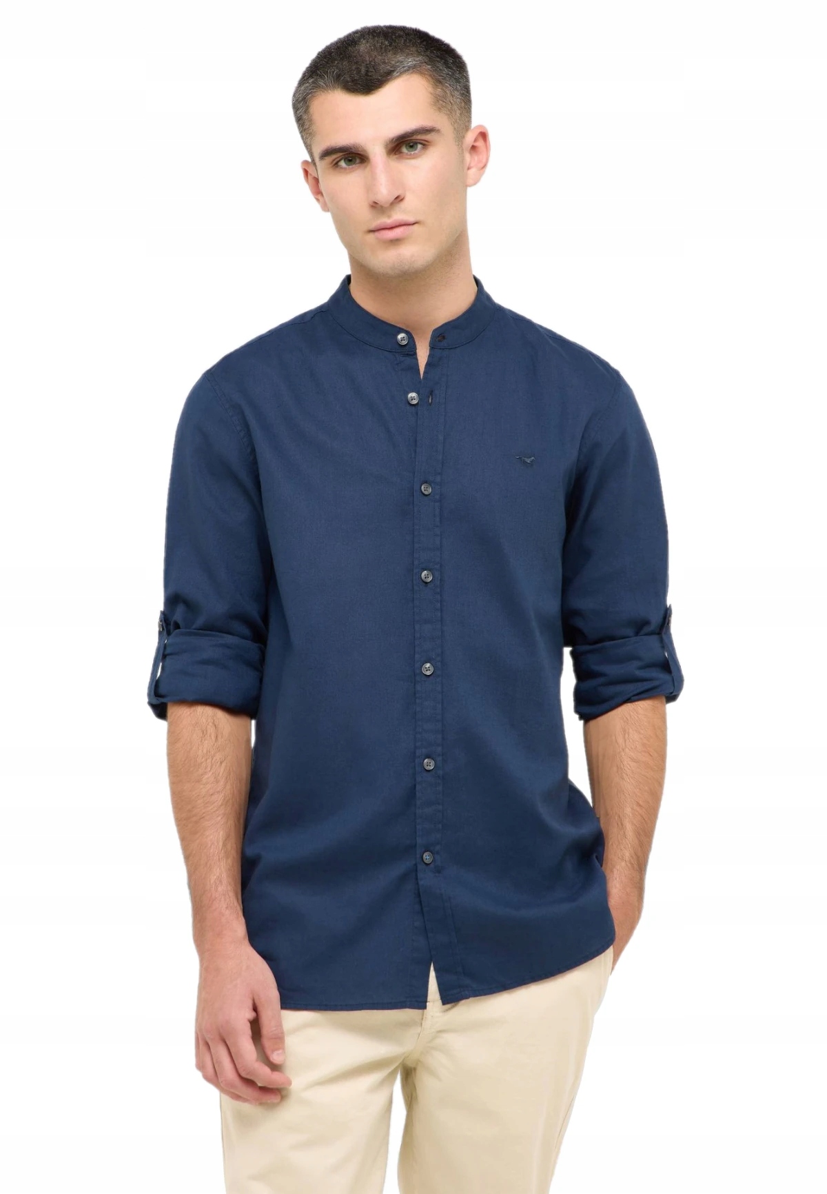 Mustang pánská lněná košile se stojáčkem s dlouhým rukávem, tmavě modrá, casual, velikost XL