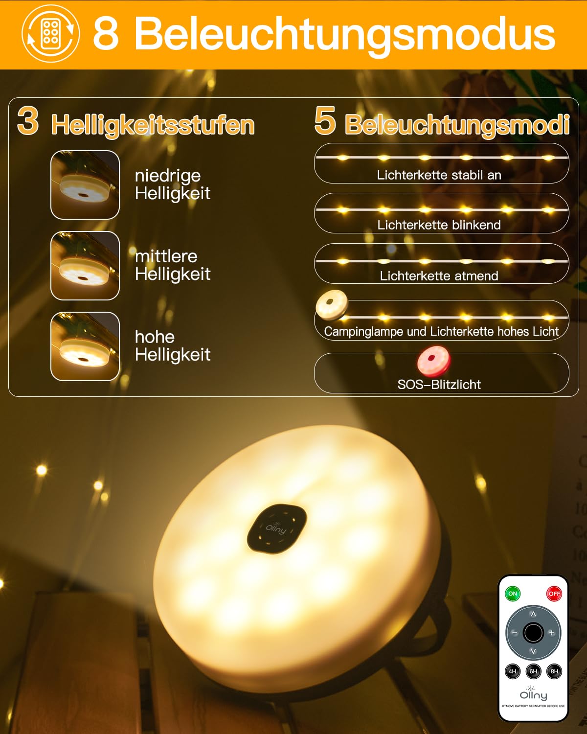 OLLNY Lampki Campingowe 10M 100LED Wodoodporne 8 Trybów Solarne USB — miniatura 6