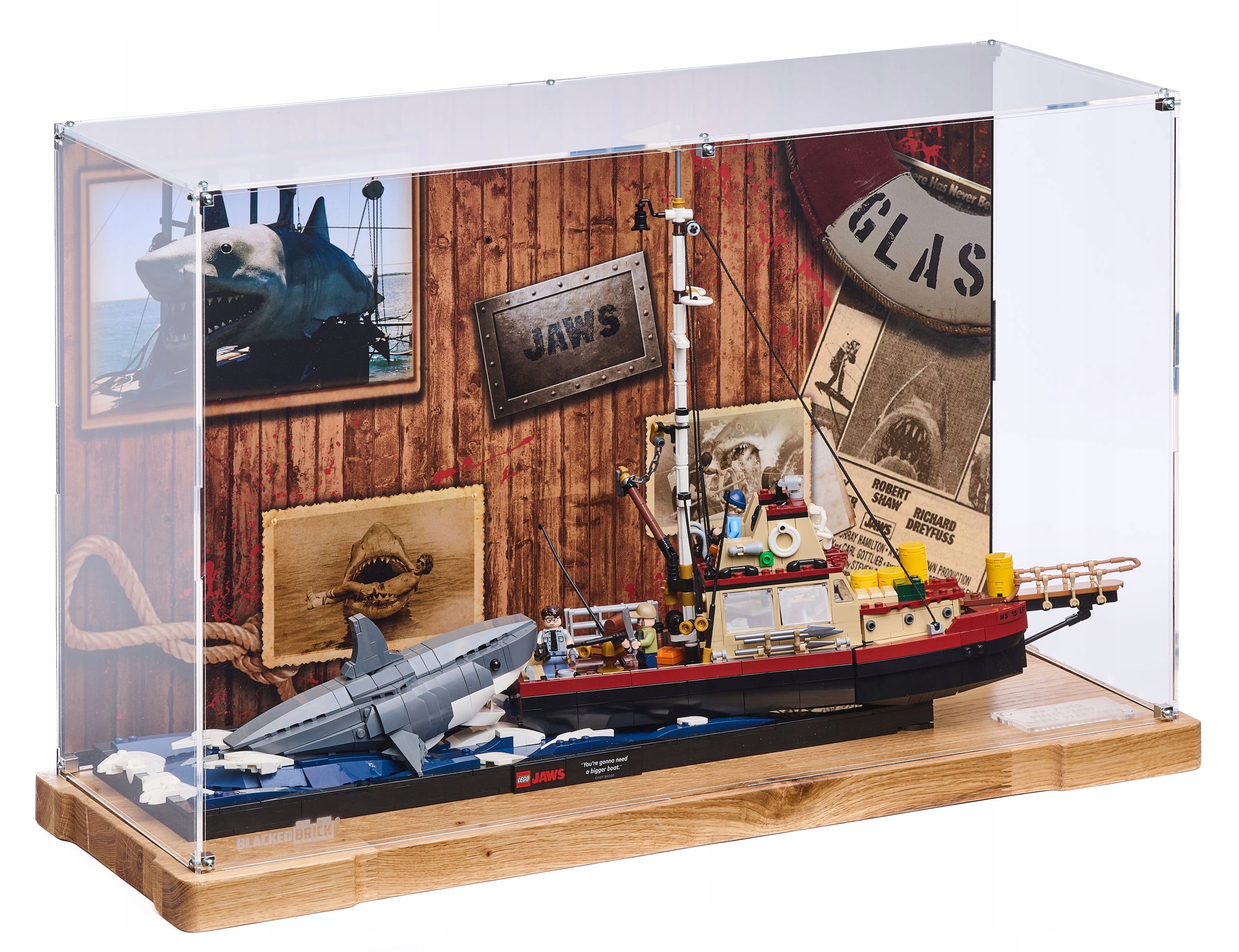 Vitrína Wood s pozadím Blacked Brick pre Lego 21350 Ideas Čeľuste