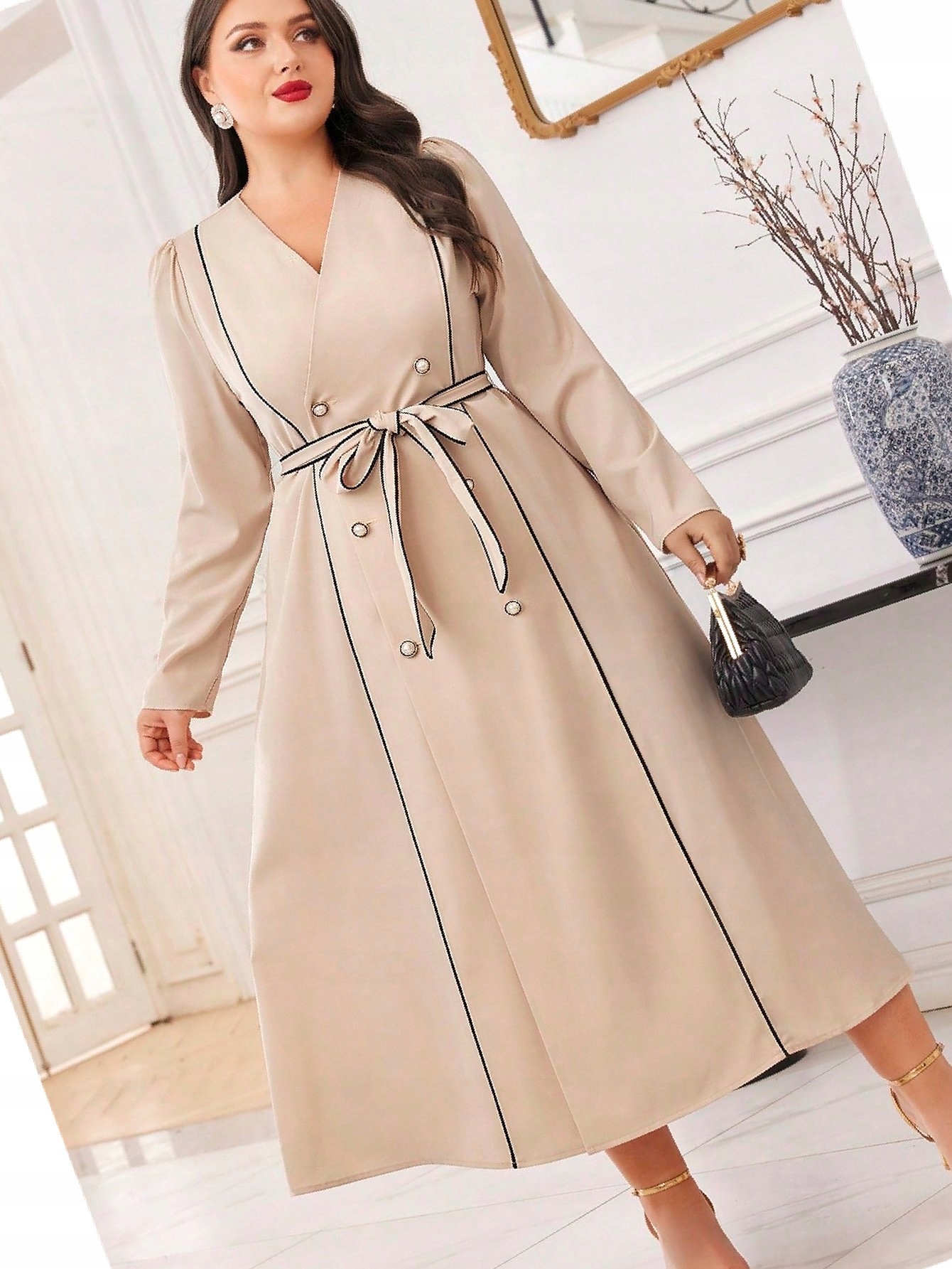 Šaty Elegantní Dlouhá s ozdobnými knoflíky Béžová 4XL 48